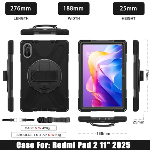 Image of ProElite for Xiaomi Redmi Pad 2 11 inch Case, Rugged 3 Layer Armor case Cover for Xiaomi Redmi Pad 2 11 inch Case with Hand Grip and Rotating Kickstand with Shoulder Strap, Black