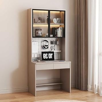Modern Computer Desk with Glass Door,Study Writing Table with Storage Drawers & Pegboard,Gaming Desk Workstation with Storage Cabinet for Home Office100cm39inch, White