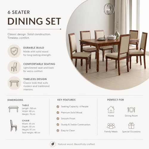 Image of Solid Sheesham Wood 6 Seater Dining Table Set for Home (Honey Brown Finish)