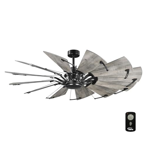 Image of Progress Lighting Springer Collection DC Motor Farmhouse Windmill Ceiling Fan, Matte Black, 12-Blade (60 inch W x 17-3 /8 inch H) P250000-31M