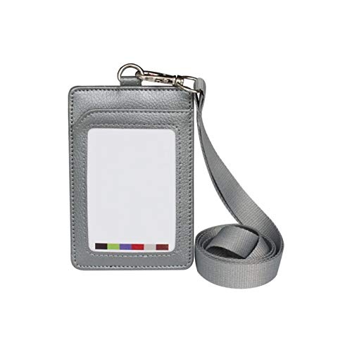 Wonque - Tarjetero de piel sintética para tarjetas de identificación con cordón desmontable para el cuello, diseño vertical, color gris...