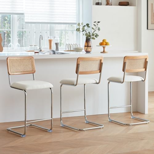 GrandNoor Natural Rattan Counter Height Stools Set of 3 with Soli...