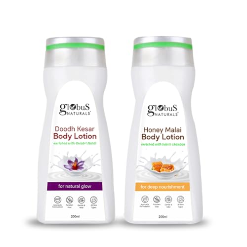 Image of Globus Naturals Body Lotion Combo Set of 2 - Honey Malai 200 ml, Doodh Kesar 200 ml, For All Skin Types