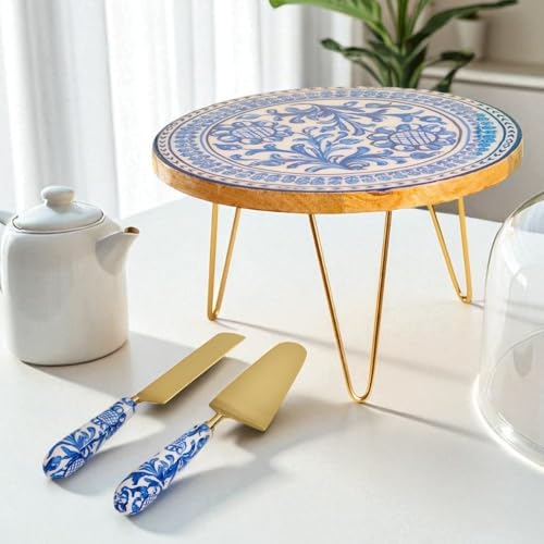 Image of RITUALISTIC Holland Printed Wooden Cake Stand with Metal Legs with Server | Elegant Cake Display for Decoration & Cutting | Round Dessert Tray for Cakes, Events, Birthdays & Home Decor