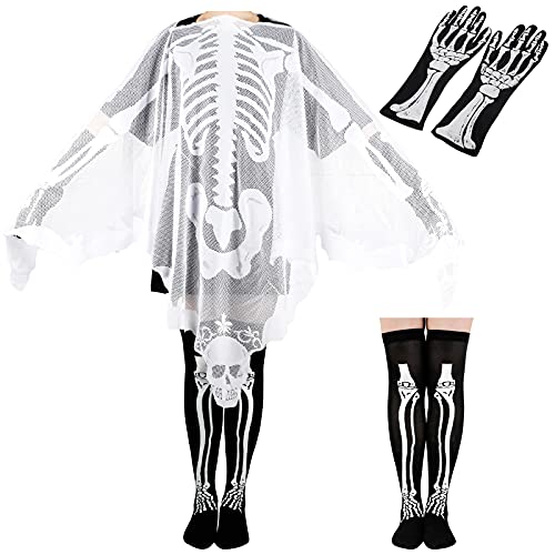 Costume de squelette d'Halloween cape poncho de crâne dentelle chaussettes hautes gants femmes