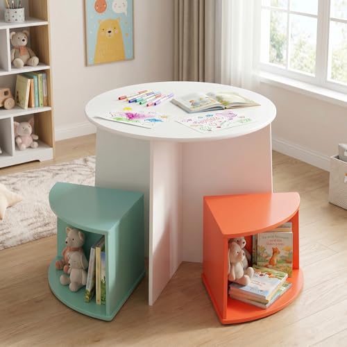 CASOUWY Kids Round Table and Chair Set with 4 Storage Stools - Space-Saving Toddler Activity Table for Playroom Art Craft Reading & Dining - Furniture for Boys & Girls