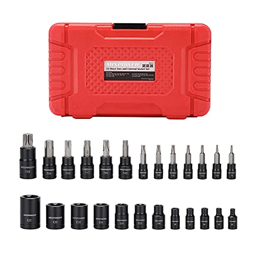 Mixpower 25 Piece Torx Bit Socket And Female External Socket Set, 13 Star Socket Bits (T8- T60)& 12 Female E-Torx Sockets (E4-E22), Professional Grade Auto & Motorcycle Mechanic Socket Set #TOP4