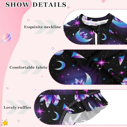 Wusikd Girls Long Sleeve Swimsuit Months Crystals One Piece Bathing Suit Zipper Black Sky Swimwear Sun Protection 5-6T4