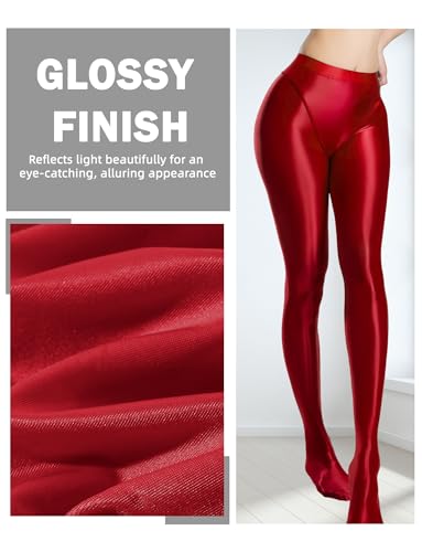 Image of FEOYA Women's Open Crotch Oil Shiny Pantyhose High Waist Control Top Silky Oily Crotchless Footed Tights Stockings