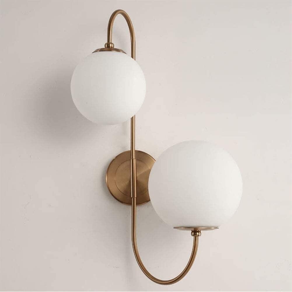 ASerZenith Wall Lamp Gold Metal Glass Wall Light Simple Post-Double Head White Globe Lampshade Indoor Wall Spotlights Fixtures Staircase Aisle Tv Background Wall Sconces, E27,Wall Lamps