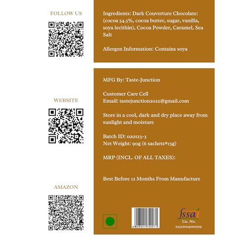 Image of Taste Junction Premium Salted Caramel Chocolate Drink Mix | <0.2g Sugar | 55% Dark Belgian Chocolate | 6 Instant Sachets