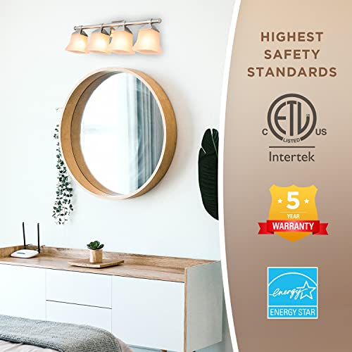 Image of Diodesy- 25-Inch Bathroom Vanity Square Bell Sconce 4-Light Fixture 100W Max E26 Medium Base Sockets Use A19 Bulb(Not Included) Brushed Nickel & Frosted Glass Shade ETL Listed- For Living Room Bedroom