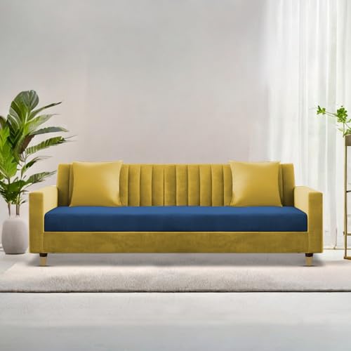 Image of Casaliving Garcia 3 Seater Sofa Set for Living Room (Blue Yellow Colour) Premium Fabric Sofa