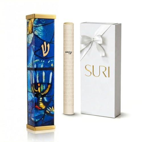 Image of SURI Mezuzah with Scroll for Door | 5 Inch Modern Aluminum Mezuzah Case | Fits 4 Inch Scroll | Gold & Silver Chagall-Inspired Design | Self Adhesive Easy Install | Judaica Jewish Gift