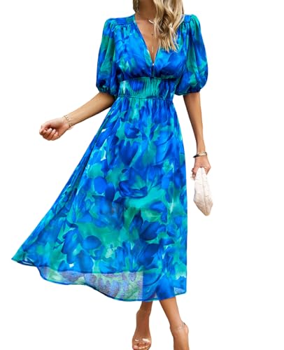Image of UONBOX Women's V Neck Floral Dress Summer 2025 Trendy Pleated Boho Flowy Puff Sleeve Maxi Dress