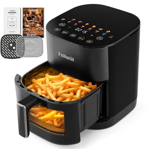 Image of Fullwill 6Qt Air Fryer with Window, Dual Heating, 14-in-1 /12 Presets (Wings, Steak, Fries, Pizza), 392F, 1700W, Nonstick & Dishwasher-Safe Basket, PFOA-Free, Oil-Free Fast Cooking