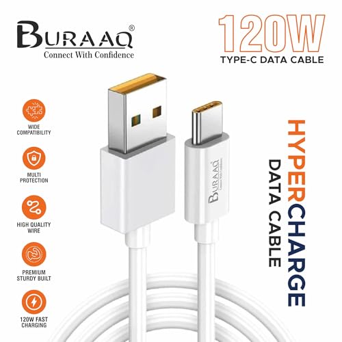 Image of 120W Hyper Charger| USB to Type C| Compatible with Xiaomi 11T PRO, 12,12 Pro, 12S Ultra,13,13 Pro,14, 15, Redmi, Note 12 Pro /5G, Redmi Note 13 Pro /5G, POCO F4| Rapid Charge Type C Cable| 1M