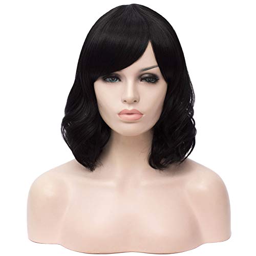 Beauwig Short Bob Natural Pastel Wavy Wig with Side Bangs Women's 12.5" Synthetic Cosplay Wigs Charming Curly Wig for Girl Colorful Costume Halloween Party Include Wig Cap (Black)