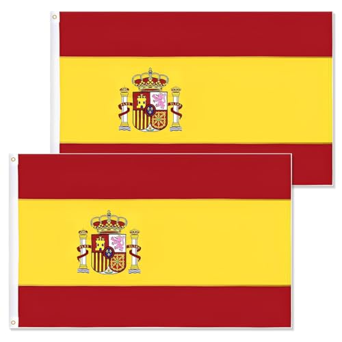 2 Pcs Bandera España Grande para Exterior 90x150cm, Bandera de España Balcón Reforzada y con 4 Ojales Metálicos Spanish Flag, para el Día de San José, Eurocopa, Mundial, Fútbol, ​​Día Nacional