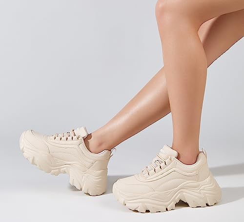 Image of K KIP WOK Chunky Sneakers for Women Fashion Platform White Leather Casual Dad Shoes Comfortable Wedge Walking Sport Sneakers | White Leather Casual Dad Shoes Comfortable Wedge Walking Sport Sneakers