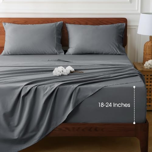 HYPREST Extra Deep Pocket Cal King Sheet Sets Fits 18"-24" in Deep Mattress -100% Cotton California King Sheet Set, Grey Hotel Luxury Soft Wrinkle Free Cooling Sheet Sets Deep Pocket
