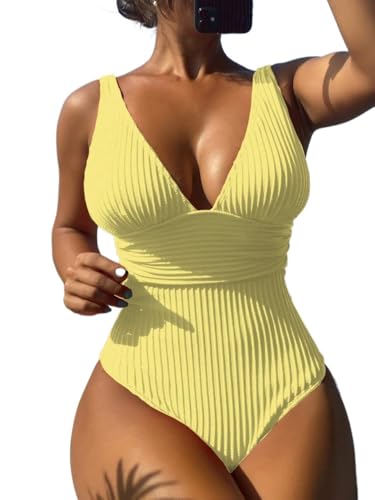Women's Swim Summer Beach Plain V Neck One Piece Bikinis Swimsuit Beachwear Bathing Suit for Women