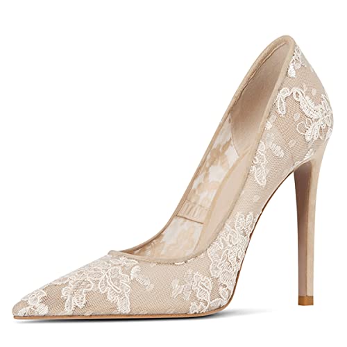 FSJ Women Elegant Pointed Toe High Heel Pumps Floral Lace Mesh Slip On Rhinestones Stiletto Bridal Wedding Banquet Party Shoes Size 4-15 US