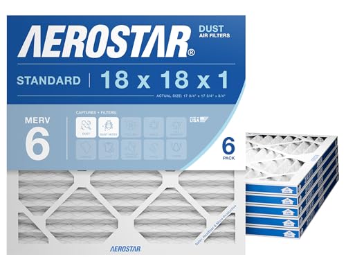 Aerostar 18x18x1 MERV 6 Air Filter, 6 Count, ACTUAL SIZE (17.50 x 17.50 x 0.75), HVAC, Air Conditioning & Furnace Filter for Dust, Lint & Pollen Control (MPR 300 / FPR 3), Made in USA