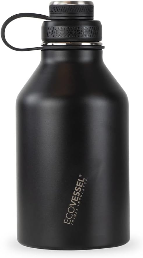 EcoVessel Boulder TriMax Growler for Hot and Cold Drinks Vacuum Insulated Stainless Steel Water Bottle with Insulated Stainless Steel Lid and Tea, Fruit, Ice Strainer