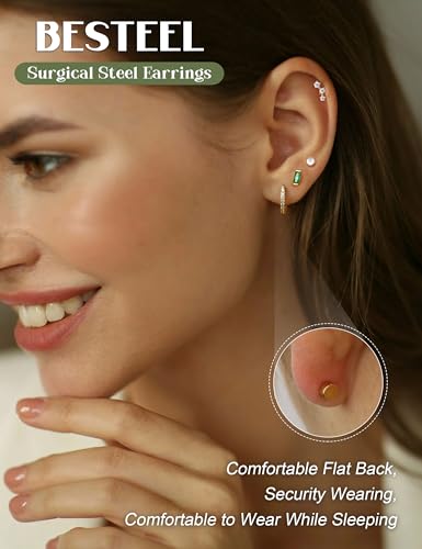 BESTEEL Hypoallergenic Flat Back Earrings - 14K Gold Cartilage Earring Sets for Multiple Piercing, 20G Surgical Stainless Steel Earrings for Women, Small Hoop Flatback Stud Earring Stacks2