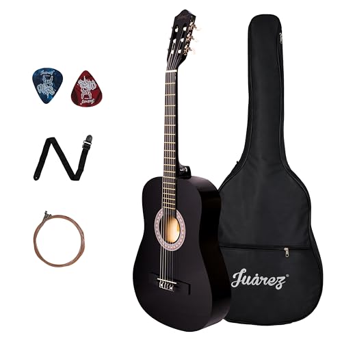Image of Juarez 38 Inch Classical Guitar with Nylon Strings for Beginners, Finger-Friendly Full Size Guitar Kit with Bag, Picks, Strap & Extra Steel Strings for Upgrade, Black