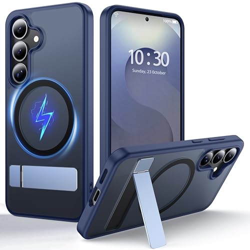FNDMIL for Samsung Galaxy S25 Plus Case with MagSafe [Invisible Kickstand] [Charge While Standing] [Military Shockproof] Translucent Matte Soft Silicone Bumper for Samsung Galaxy S25+ Case Slim Blue
