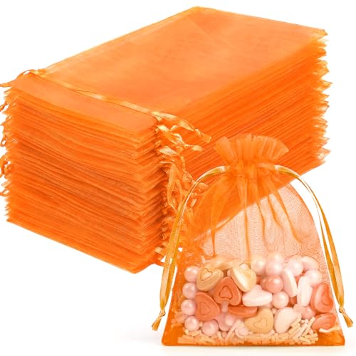 Image of FUNFERY 100Pcs Orange Organza Bags 3x4 in,Small Mesh Drawstring Gift Bag | Little Jewelry Bags for Wedding Party Favors, Mini Drawstring Pouch for Sachet, Candy, Goodie, Treat Bag for Easter Day