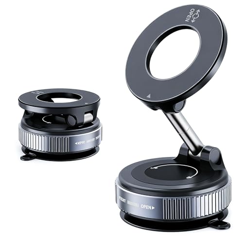 Vacuum Magnetic Phone Car Mount - Universal Dashboard & Home Cell Phone Holder with Air Pressure Suction Base + Metal Rings & Sticky Base for Non-Magnetic Phones (iPhone & Android) (Black)