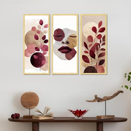 Image of PAINTINGMANTRA Abstract Botanical & Face Framed Wall Art Set of 3 | Modern Boho Wall Decor | Engineered Wood Frame Prints for Living Room, Bedroom & Office, 8.9x18.9 Inch