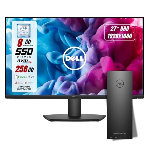 Postazione Completa, Pc Desktop Dell OptiPlex Ultra UFF Intel i5-8265U 4 Core, Ram 8Gb SSD 256Gb, Monitor 27 FHD, Win 11 e Libre Office, Compreso di Mouse e Tastiera (Ricondizionato)