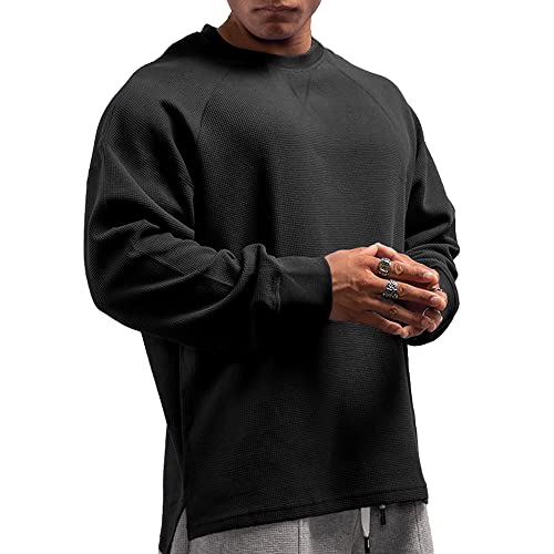 Men's Basic Long Sleeve Waffle Sweatshirt Loose Fit Workout Pullover Crewneck Shirt Black S - Image 2
