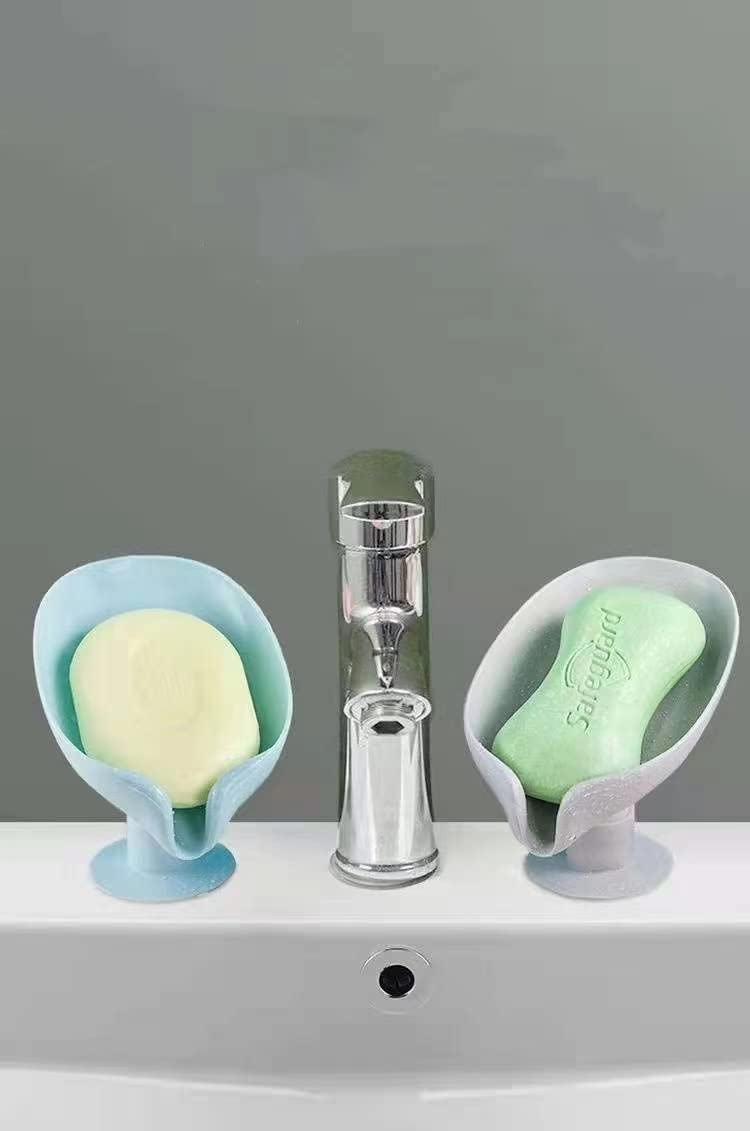 Suction Soap Dishes with Drainage,Leaf-Shaped Bar Soap Tray and Sponge Holder for Bathroom and Kitchen (Gray) - Image 3
