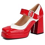 Bviennic Women Mary Jane Shoes Block High Heel with Platform Fashion Square Toe Buckle Brogue Shoes 1110 Red Size 8 US/40