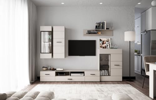 Homely® - Mueble de Salón Modular Italy | Conjunto 4 Muebles | Muebles Salón Completo | Mueble para Televisión + Mueble Bajo + Mueble Alto + Estantería Alta | Color Cashmere Beige Mate