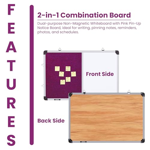 Image of GOSHU Combination White Board 60 cm x41 cm & Pink Pin-Up Notice Board | Non-Magnetic Dual Board for Home, Office & School (60x41 cm, Pack of 1 Item)
