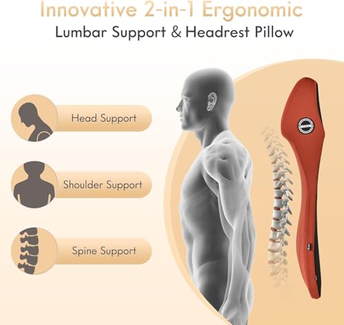 Image of FLORICH Memory Foam Car Seat Cushion and Integrated Neck Pillow Lumbar Support Ergonomic Seat Cushion Breathable Back Support Headrest for Truck Driver Long Driving Sciatica Tailbone Pain Relief, Red