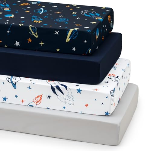 Image of david's kids 4 Pack Fitted Crib Sheets, Ultra Soft Breathable Comfortable Baby Sheet Set for Boys Girls Neutral, 28x52 Inch Fits Standard Crib and Toddler Mattresses, Navy Space