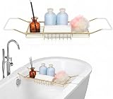 Cabilock Luxury Stainless Steel Bathtub Caddy Tray - 24.8in Expandable Modern Bath Rack for Tub with Wine Glass & Book Holder - Rustproof Shower Organizer & Tablet Stand for Home Spa, Gold