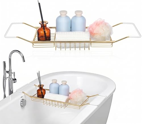 Cabilock Luxury Stainless Steel Bathtub Caddy Tray - 24.8in Expandable Modern Bath Rack for Tub with Wine Glass & Book Holder - Rustproof Shower Organizer & Tablet Stand for Home Spa, Gold