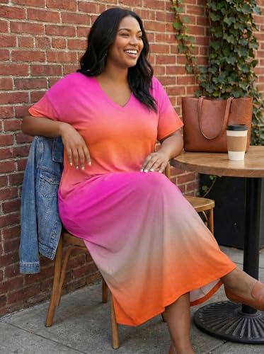 Image of SUZONANA Women Casual T-Shirt Dress V Neck Short Sleeve Solid Color Oversize Dress with Front Two Pockets