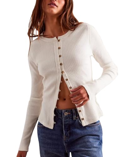 Image of Women's Slim Fitted Cardigan Ribbed Knit Long Sleeve Button Down Shirt Crewneck Y2K Blouse Tops,White,S