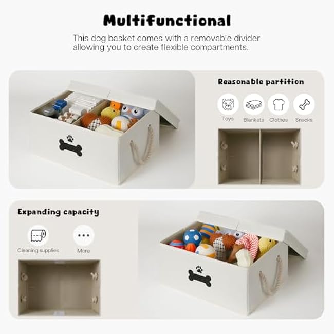 Dog Toy Basket with Double-Open Lid, Divided Dog Basket for Toys, Collapsible Pet Toy Box, Dog Storage Organizer with 2 Divided Area, Puppy Toy Baskets with Rope Handles, Beige