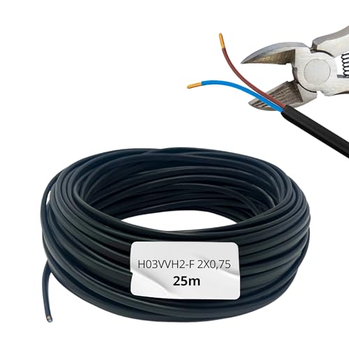 HALOTEC Cable eléctrico 25m 2 hilos 2x0.75mm² | H03VVH2-F PVC doble aislamiento | Cable plano flexible negro para instalación doméstica segura | Ideal para conexiones interiores y aparatos eléctricos