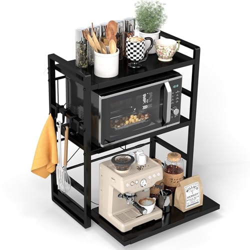 BeSokar Estante para microondas de 3 puertas, altura ajustable y extensible, con cajón, de acero al carbono, incluye ganchos y ventosas de refuerzo, estante para panadería (negro)